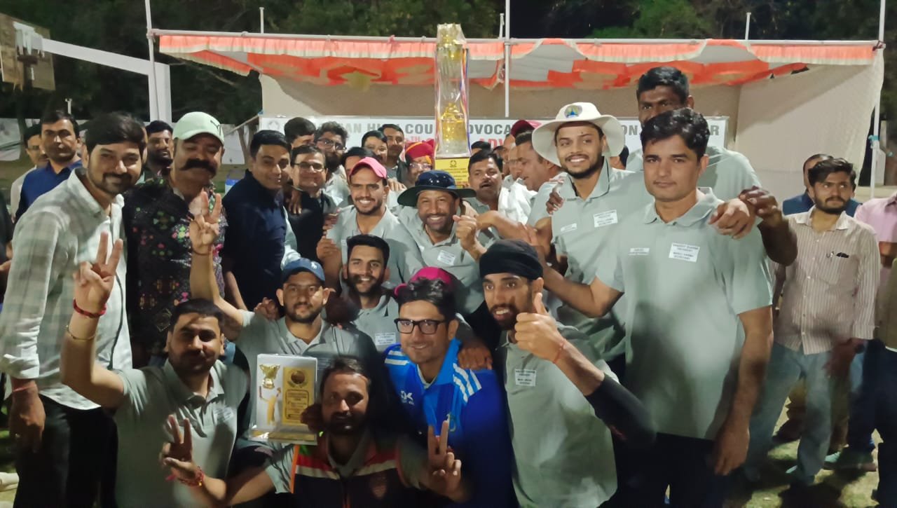 Players of Jaipur District Bar Association celebrating their 9-wicket victory in the 6th State-Level T20 Cricket Tournament at Railway Stadium, Jodhpur.